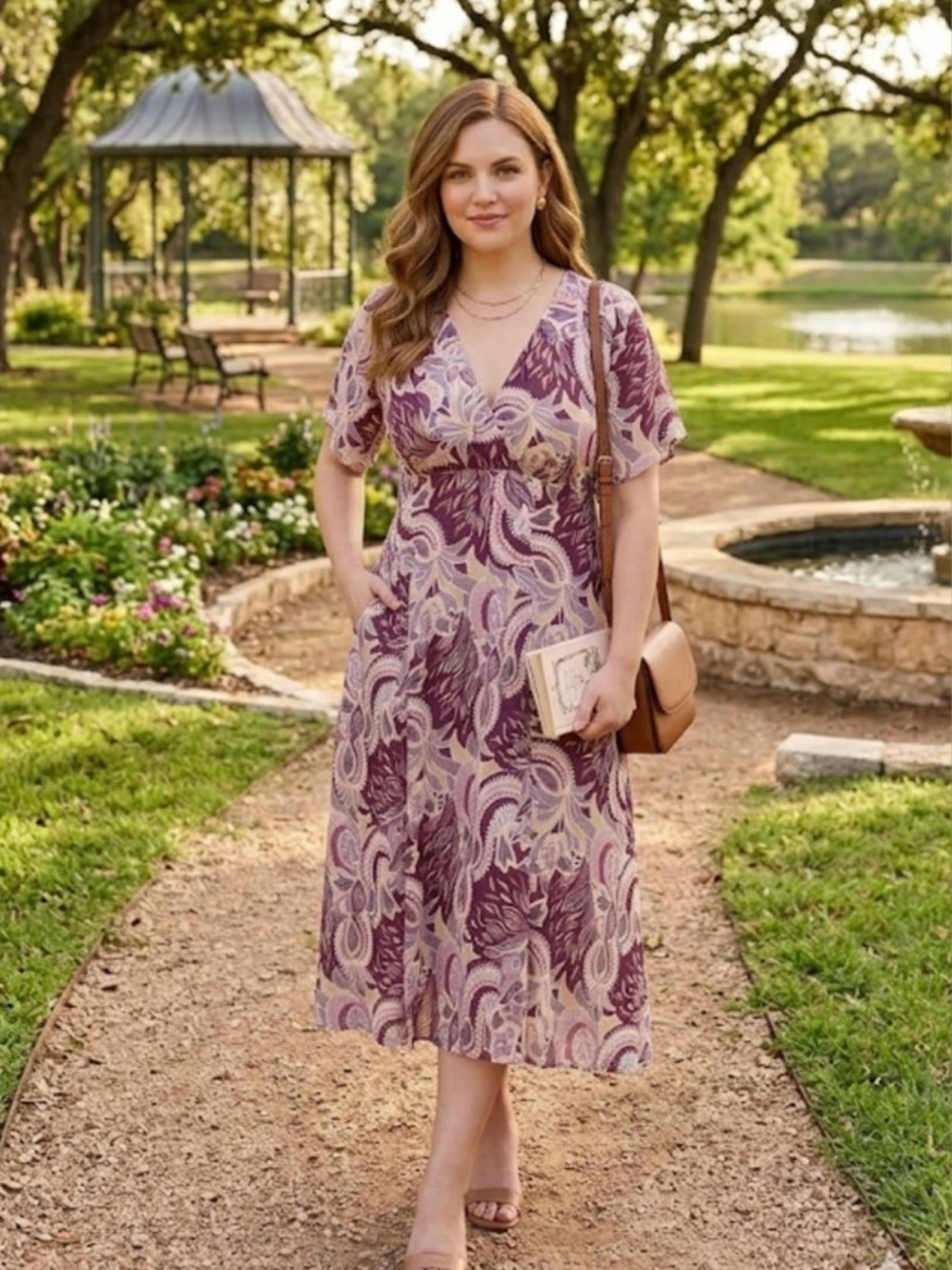 Rabbit Rabbit Rabbit Paisley Midi Dress Boho Chic Flutter Sleeve Purple Size 8